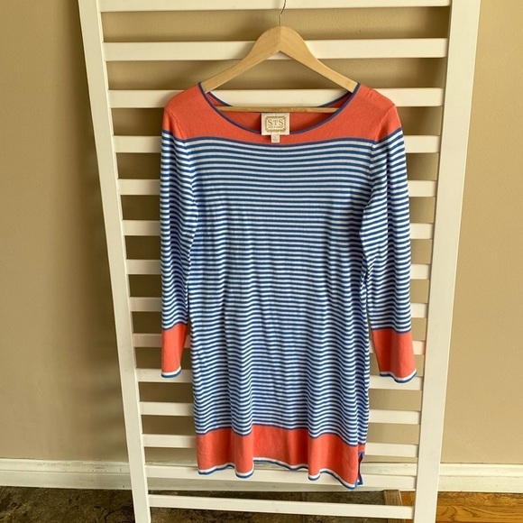 Sail to Sable Knit Striped Blue White & Coral Sweater Slip Dress Size small - Picture 2 of 11